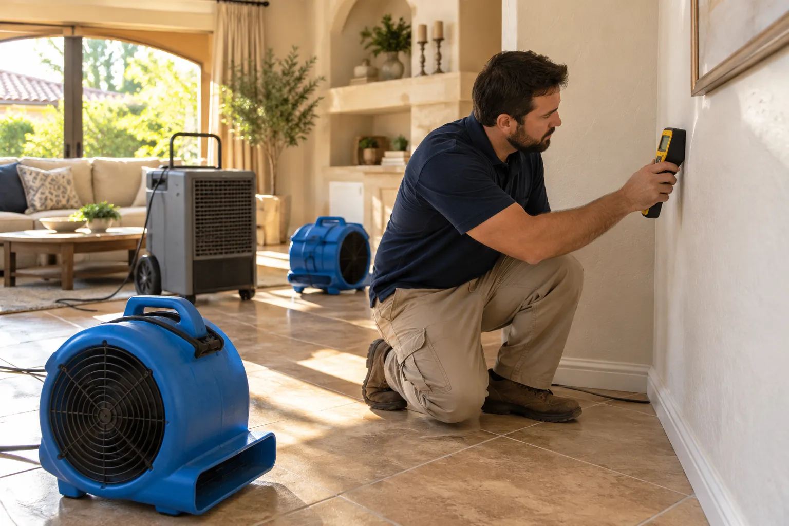 Water damage restoration technician drying a flooded living room in Tucson
